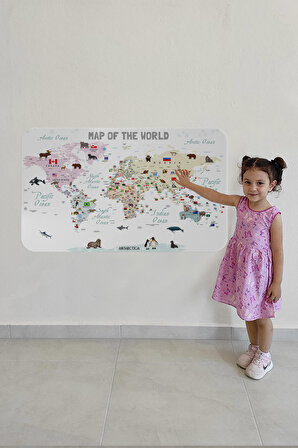 Eğitici ve Bayraklı Dünya Haritası Dünya Atlası Çocuk ve Bebek Odası Duvar Sticker  3813- XL 130 x 85 cm